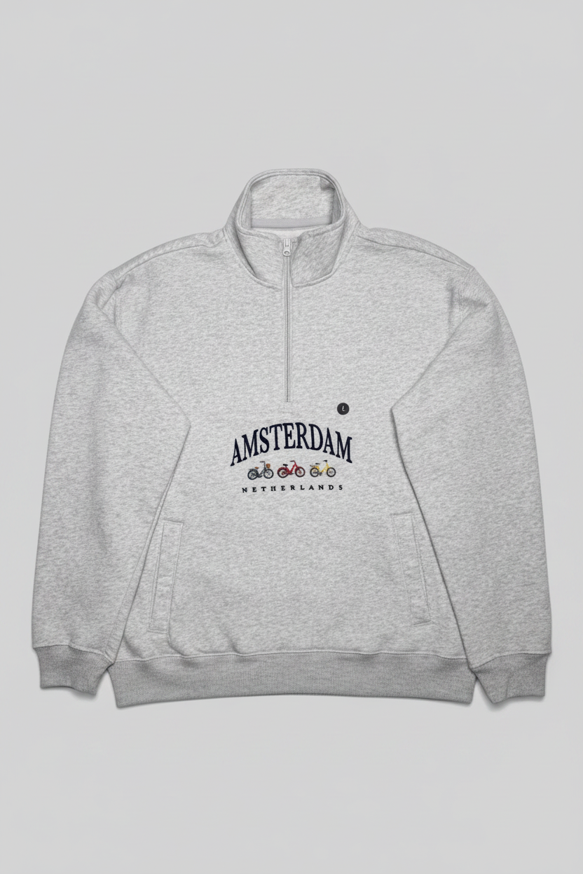 Felpa relaxed fit con mezza zip e stampa Amsterdam