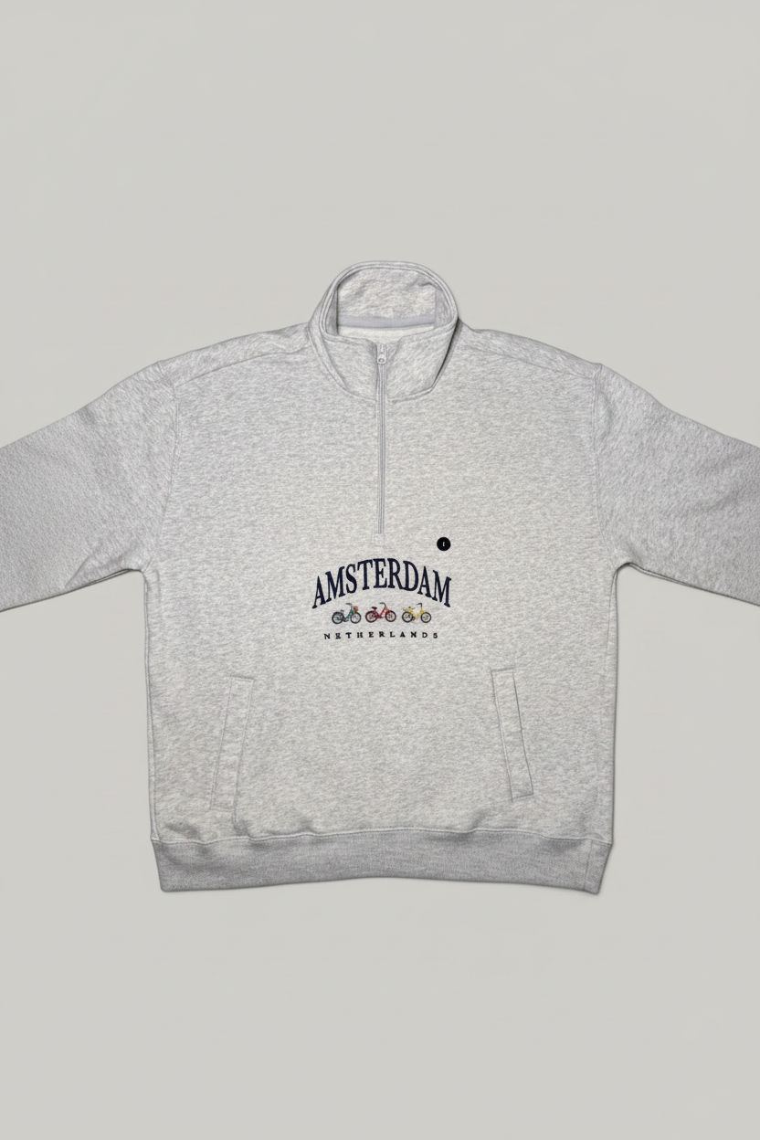 Felpa relaxed fit con mezza zip e stampa Amsterdam