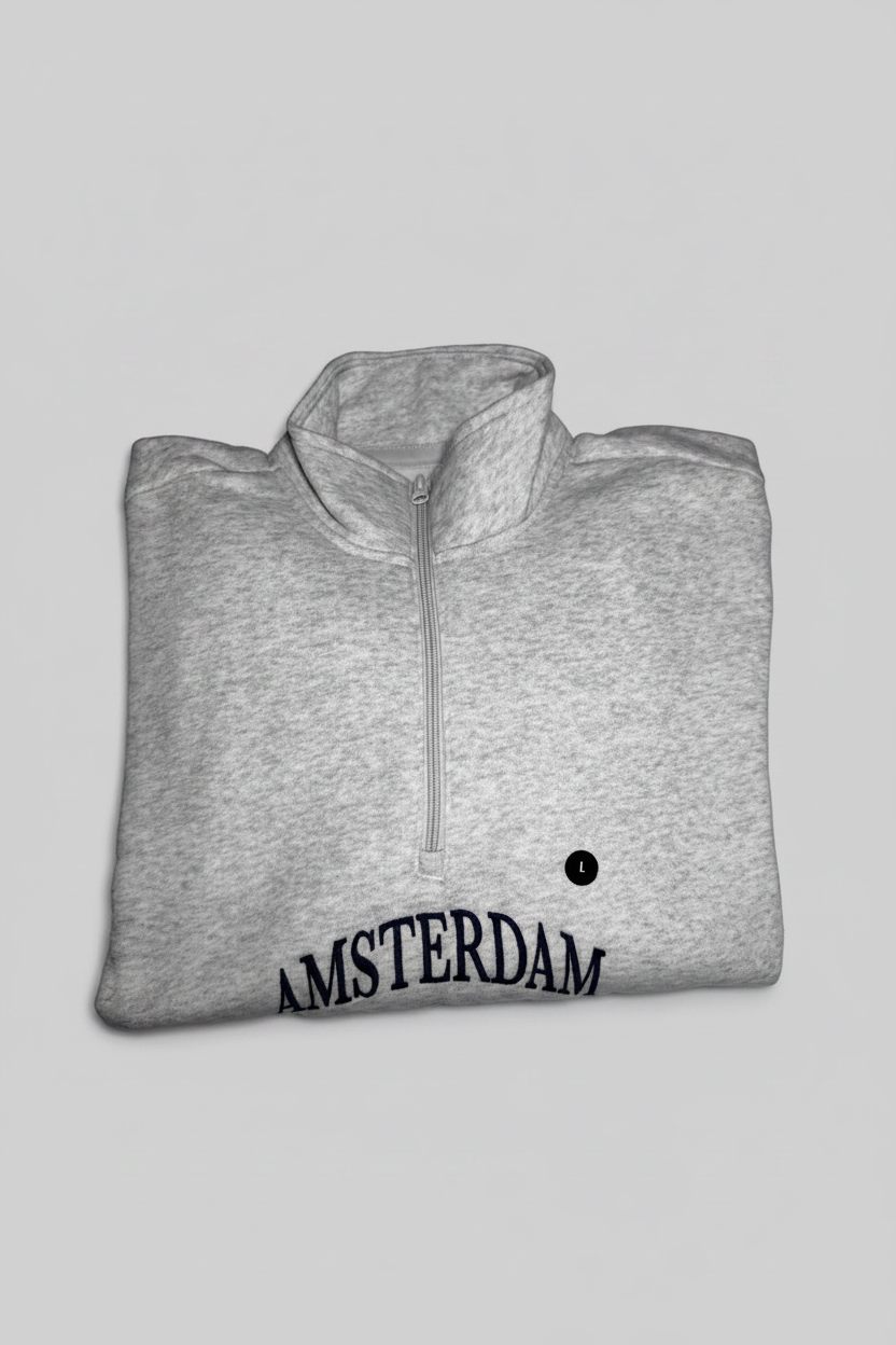Felpa relaxed fit con mezza zip e stampa Amsterdam